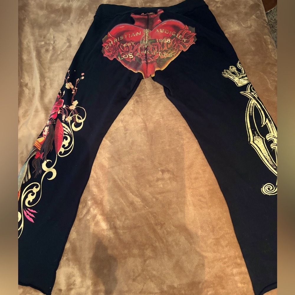 2 Christian Audigier Size L graphic wide leg drawstring waist, pants.